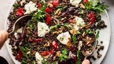 Lentil and roast pepper salad with vegan feta