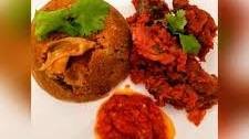 Meat Eba and tomato sauce