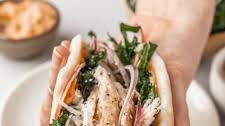 Mediterranean Chicken, Hummus, and Kale Flatbread "Tacos"