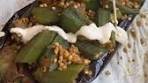 Okra stuffed eggplant. Feel free to use any grain you like here ...
