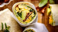 pesto egg "bacon" and avocado breakfast wraps