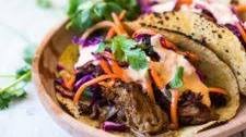 Pulled Pork Tacos with Five Spice, Asian Slaw and Sriracha Aioli