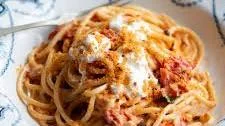 Roasted Cherry Tomato Spaghetti with Burrata and Nduja Breadcrumbs