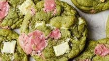 Ruby and white chocolate chewy matcha cookies