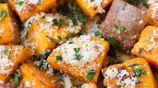 Savory Roasted Sweet Potatoes with Parmesan, Garlic & Herbs