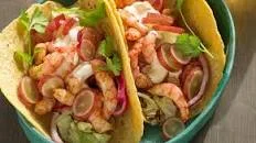 Shrimp Tacos with Grapes, Charred Cabbage and Pickled Red Onions