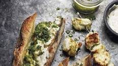 Skewered Monkfish Kebabs with Green Charmoula Dressing and Caper Mayonnaise