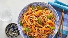 Spicy Miso Udon with Kimchi, Snow Peas & Bell Peppers