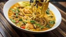 Spicy Red Curry Coconut Udon Noodles With Shredded Chicken and Prawns