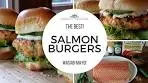 Tasty GRILLED SALMON BURGERS with Ginger-Wasabi Mayo!