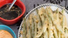 Tempura Green Beans with Sriracha Aioli + Soy Ginger Dipping Sauces