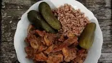 Vegan Mushroom and Seitan Stroganoff with Buckwheat and Dill Pickles.