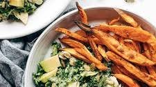 Avocado Kale Caesar Salad + Sweet Potato Fries