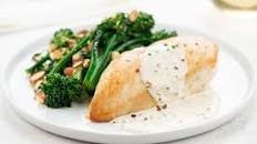 Smoked Gouda Fondue Chicken with lemon broccolini almondine