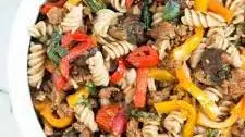 Pasta Salad with Grilled Italian Sausage, Peppers, Mushrooms, & Cherry Tomatoes (Vegan)