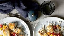 Sautéed halibut with coconut rice and mango salsa