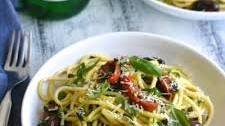 Spiralized Zucchini Pasta alla Puttanesca (Cherry Tomatoes and Olives)