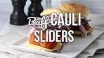 Vegan Buffalo Cauliflower Sliders with blue cheese slaw