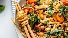 30 Minute Vegan Stir Fry Sesame Noodles with Chickpeas & Basil
