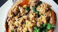 Beef Sausage Stuffed Sweet Potatoes