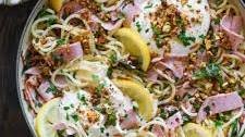 Ham Spaghetti Pasta with Spinach, Burrata Cheese, and Lemon Butter Sauce