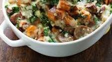 Sweet Potato, Kale, and Sausage Bake with White Cheese Sauce