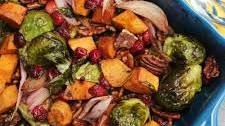 Maple Roasted Brussels Sprouts and Sweet Potatoes with Cranberries and Pecans