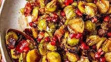 MAPLE ROASTED BRUSSELS SPROUTS WITH BACON AND POMEGRANATES