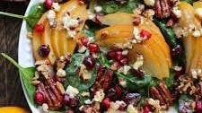 Pear and Pomegranate Spinach Salad with Maple-Lemon Mustard Dressing