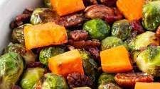Roasted Brussels Sprouts and Sweet Potatoes with Pecans and Cranberries