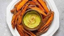 Sweet Potato Wedges with Spicy Honey Mustard Avocado Dip