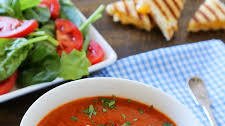 Tomato-Basil Soup with Grilled Cheese Croutons