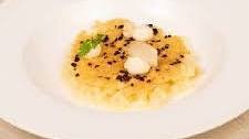 Parsnip and pear “risotto”, bitter cocoa tuile and Grana Padano cream