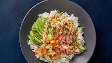 Sesame Crab & Sushi Rice Bowls with Avocado & Cucumber-Kimchi Salad
