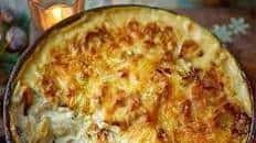 Cheesy celeriac, leek & rosemary gratin