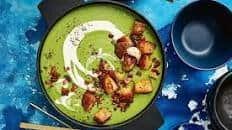 Cream of pea and broccoli soup with crisp bacon croutons recipe