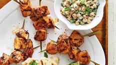 curried chicken skewers with creamy chickpea salad