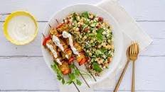 Shawarma Spiced Chicken Skewers with Feta Cauliflower Chickpea Salad