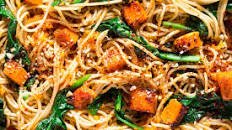 Pumpkin, spinach and walnut spaghetti