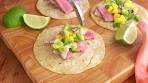 Seared Ahi Tacos with Mango Salsa and Creamy Wasabi Sauce