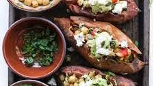 Mediterranean Stuffed Sweet Potatoes with Chickpeas & Avocado Tahini