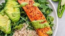 Salmon Arugula Quinoa Bowl with Cilantro Jalapeno Lime Dressing