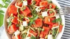 Watermelon and Cucumber Noodle Salad with Mint Pesto, Pine nuts and Feta