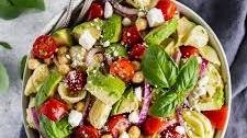 Avocado Tomato Chickpea Pasta Salad with Lemon Basil Vinaigrette