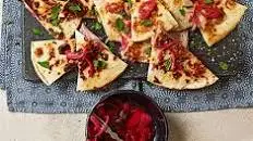 Christmas ham quesadilla with sweet pickled onions