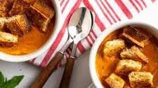 Roasted Tomato Basil Soup with Grilled Cheese Croutons
