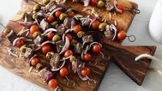 Smoked Steak Skewers with Tomatoes, Onions and Olives