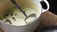 Creamy Potato and Leek Soup with Bacon Croutons