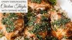 Crispy Oven Roasted Chicken Thighs with Spring Herbs