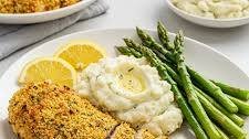 Herb-Crusted Chicken Breast with Garlic Mashed Potatoes and Sautéed Asparagus